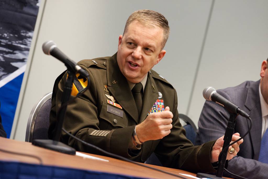 U.S. Army Brig. Gen. Geoffrey Norman, with the Next Generation Combat Vehicles Cross-Functional Team, speaks Oct. 11 at a Defense News event at the Association of the U.S. Army annual convention.