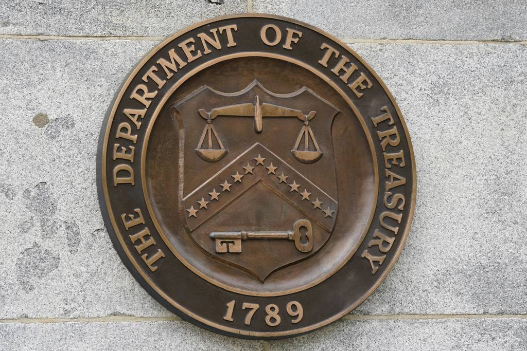 The Department of the Treasury's seal outside the Treasury Department building in Washington on May 4, 2021.