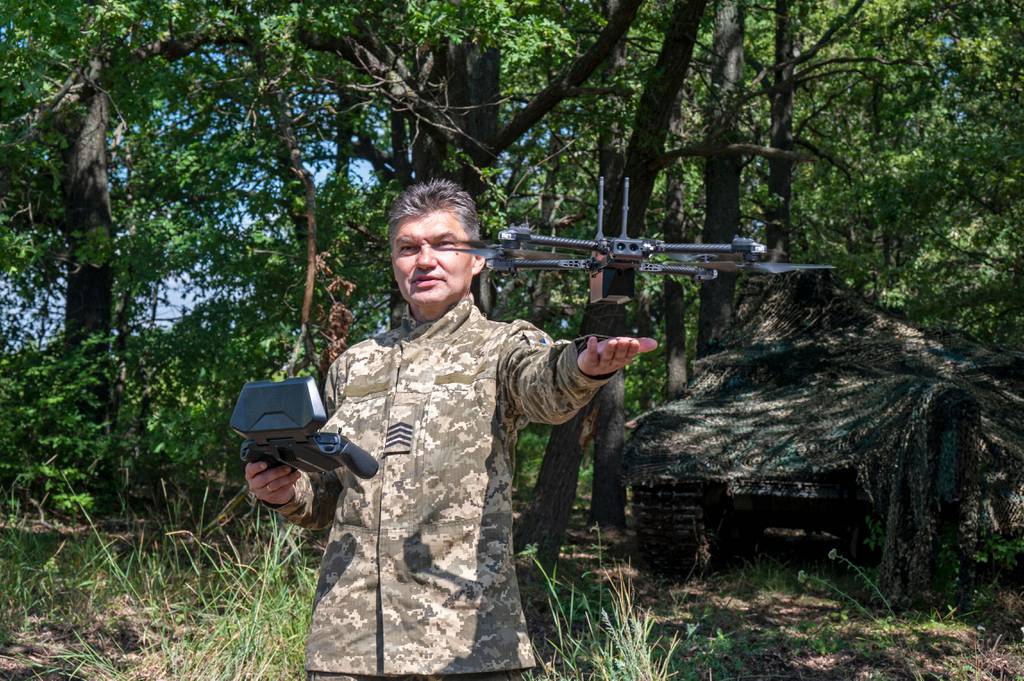 A Ukrainian soldier launches a drone near Kharkiv on July 23, 2022, amid the Russian invasion of Ukraine.