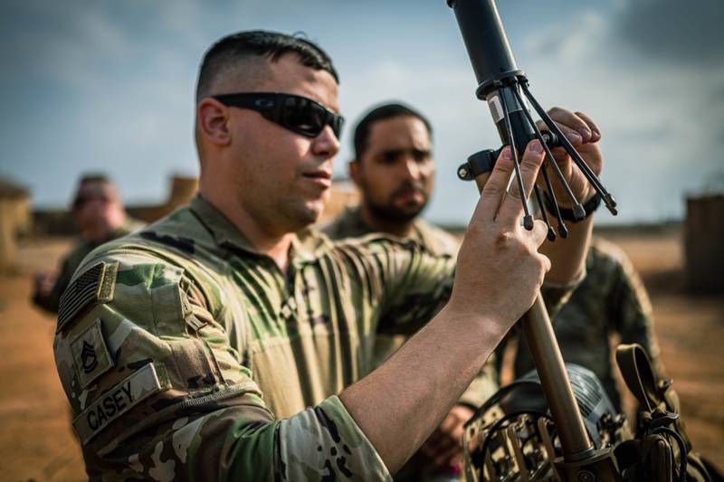 U.S. Army Sgt. 1st Class Tyler Casey, assembles a Modi electronic warfare backpack during training in Djibouti, Africa, on Feb. 9, 2023.