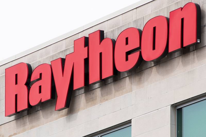 The Raytheon logo is seen on a building in Annapolis Junction, Maryland, on March 11, 2019.