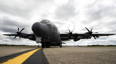 A U.S. Air Force AC-130J Ghostrider gunship aircraft assigned to the 1st Special Operations Wing in Hurlburt Field, Florida, is parked after temporarily relocating to Wright-Patterson Air Force Base, Ohio, during Hurricane Ian, Sept. 28, 2022. (Hannah Carranza/Air Force)