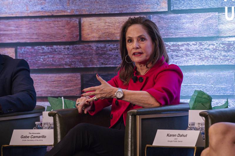 Karen Dahut, the CEO of Google Public Sector, speaks Oct. 10, 2023, during a digital-transformation panel at the Association of the U.S. Army conference.